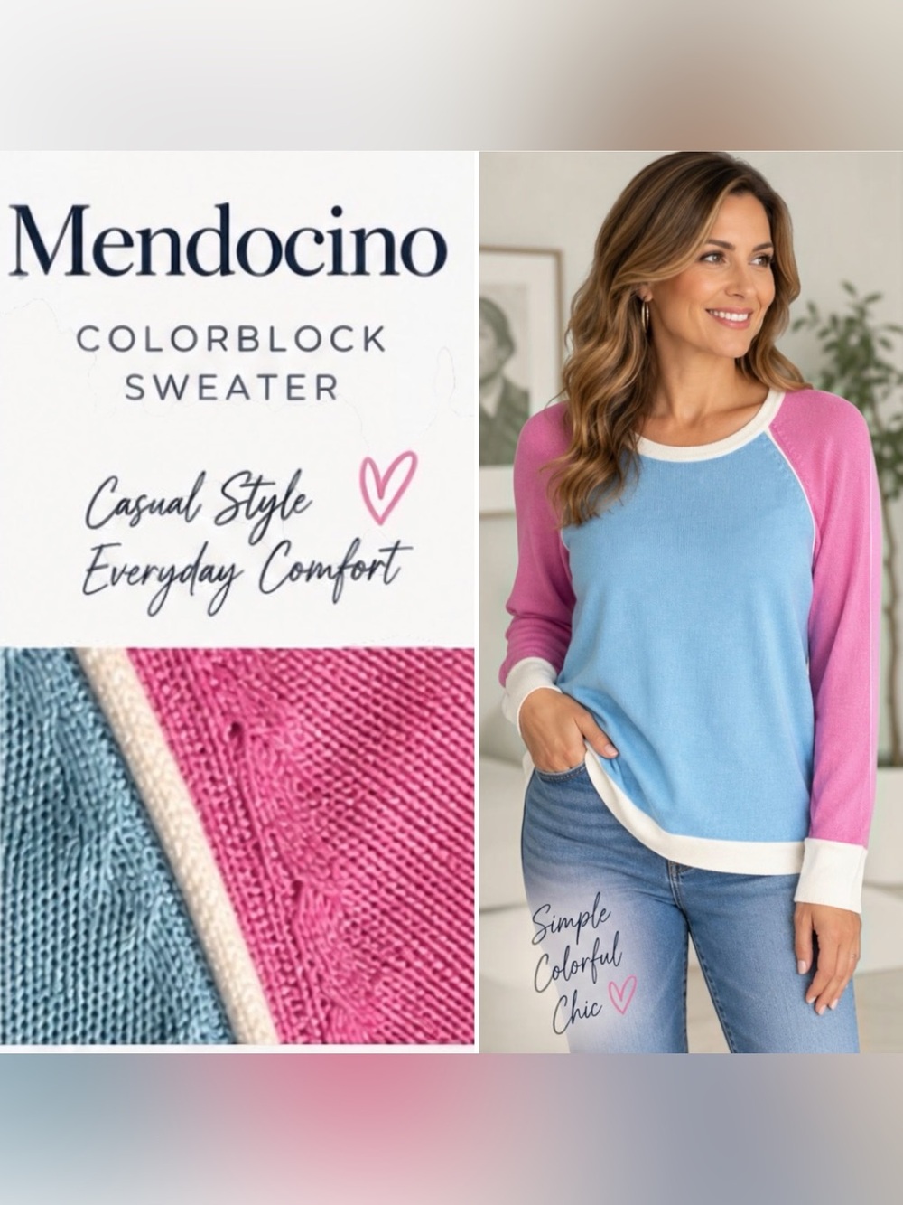 Mendocino Colorblock Sweater Medium Blue Pink White Raglan 100% Cotton